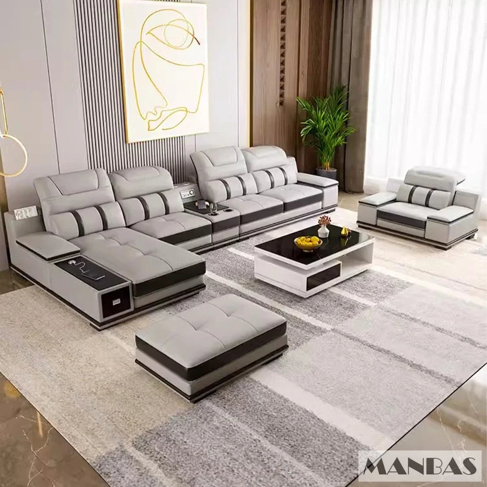 Modern Genuine Leather Sofa Living Room By MANBAS - Stylish Italian Couch with Bluetooth Speaker, USB & Adjustable Headrests