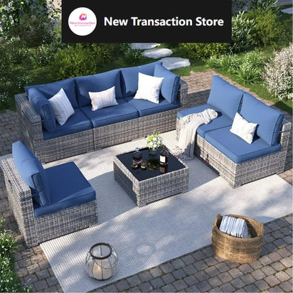 Patio Furniture Set,, All-Weather Wicker Patio Conversation Sets for Backyard (Grey with Navy Cushion)