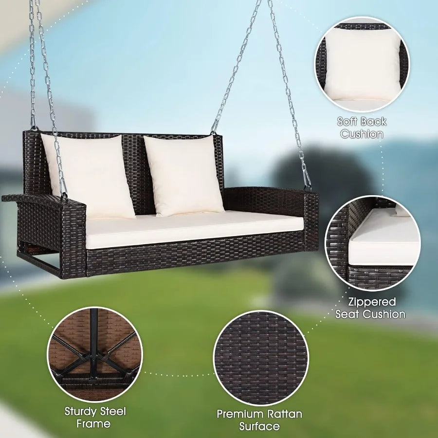 2Person Wicker Porch Swing Patiojoy Outdoor Rattan Hanging Swing Bench with 2 Back Cushions and 1 Seat Cushion Sturdy Steel Cha