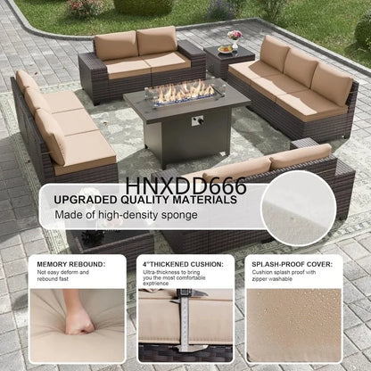 13-Piece Outdoor Patio Furniture Set with 43-Inch Gas Propane Fire Pit Table and Rattan Sectional Sofa