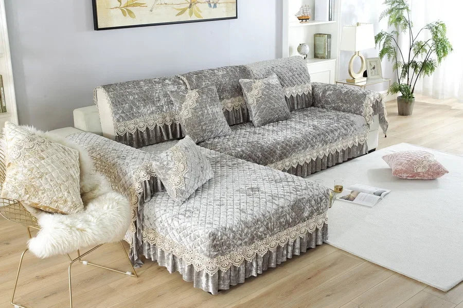 Embroidery Lace Sofa Cushion Gold Velvet Hemline Sofa Cover Autumn Winter European Couch Cover Solid Color Checkered Sofa Mat