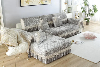 Embroidery Lace Sofa Cushion Gold Velvet Hemline Sofa Cover Autumn Winter European Couch Cover Solid Color Checkered Sofa Mat