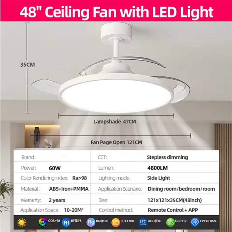 Ultra Thin Ceiling Fan lamps Retractable Fan Blade with Remote Control Fan for Room Bedroom Living Room Led Lighting AC95-260V