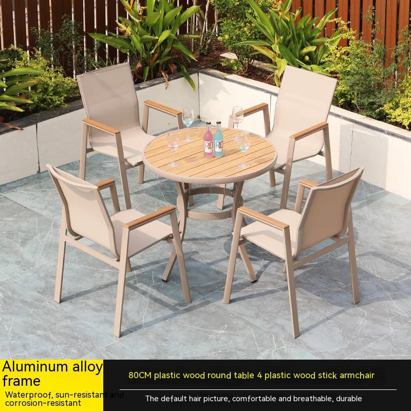 #Modern Outdoor Aluminum Chair Wood Metal Frame Villa Patio Garden Table Chair Set For Dining Courtyard Leisure