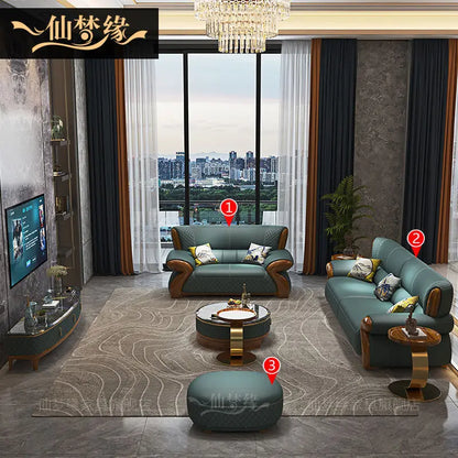 New leather sofa modern simple light luxury ebony solid wood new Chinese small apartment living room popular furniture