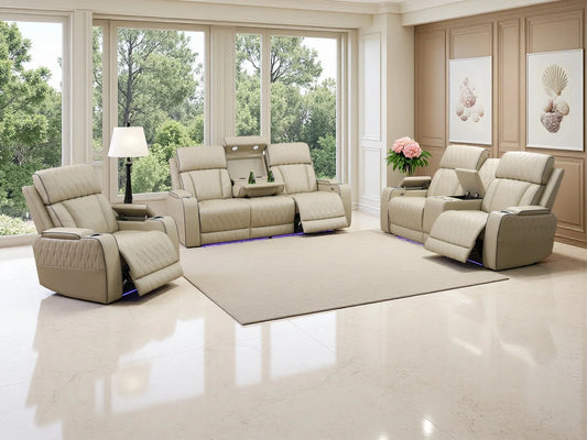 3PCS Power Recliner Sofa with Drop-Down Table Cup Holder, Beige Breathing Leather Power Reclining Sofa Set with Storage Console