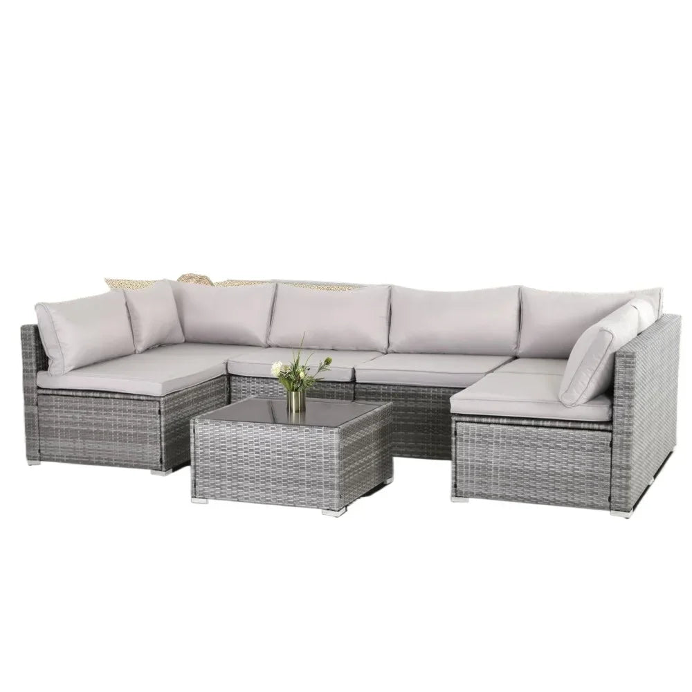 y 7-piece courtyard furniture set, modular wicker outdoor segmented sofa, PE wicker outdoor setL  W   H  28.5*25.6*25.6 inch