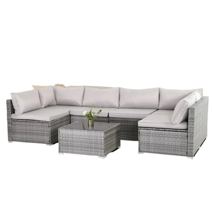 y 7-piece courtyard furniture set, modular wicker outdoor segmented sofa, PE wicker outdoor setL  W   H  28.5*25.6*25.6 inch