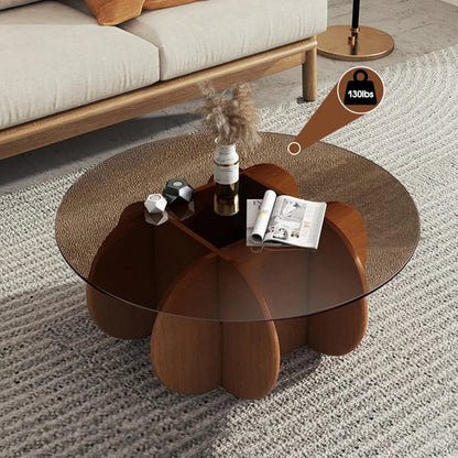 Table basse ronde moderne avec pieds en bois massif, tables basses en verre de 31.5 pouces pour salon, Table de Cocktail centrale circulaire rustique