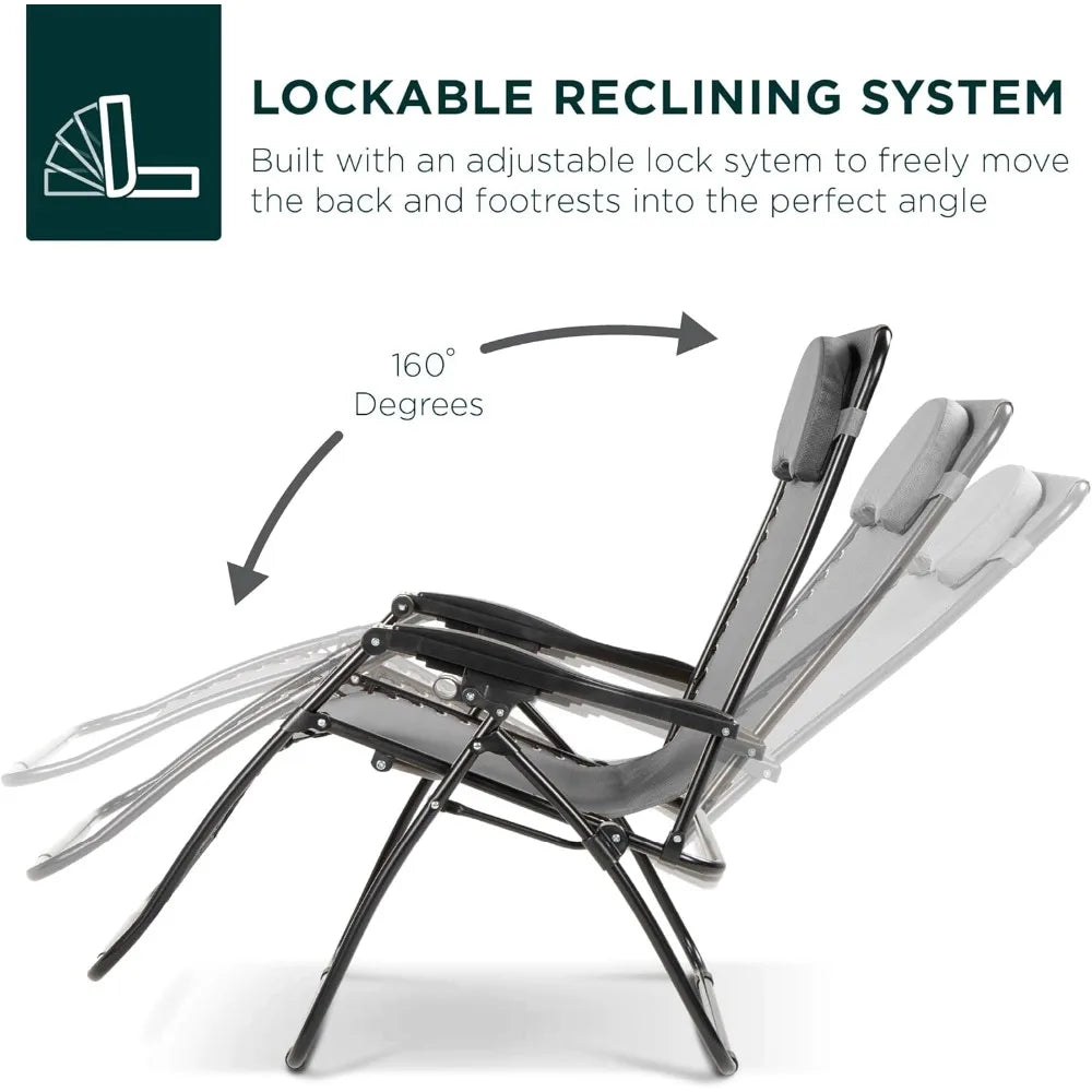 Oversized Zero Gravity Chair, Folding Outdoor Patio Lounge Recliner w/Cup Holder Accessory Tray, Pillow - Gray