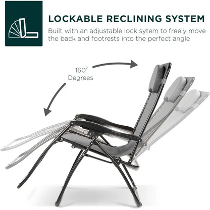 Oversized Zero Gravity Chair, Folding Outdoor Patio Lounge Recliner w/Cup Holder Accessory Tray, Pillow - Gray