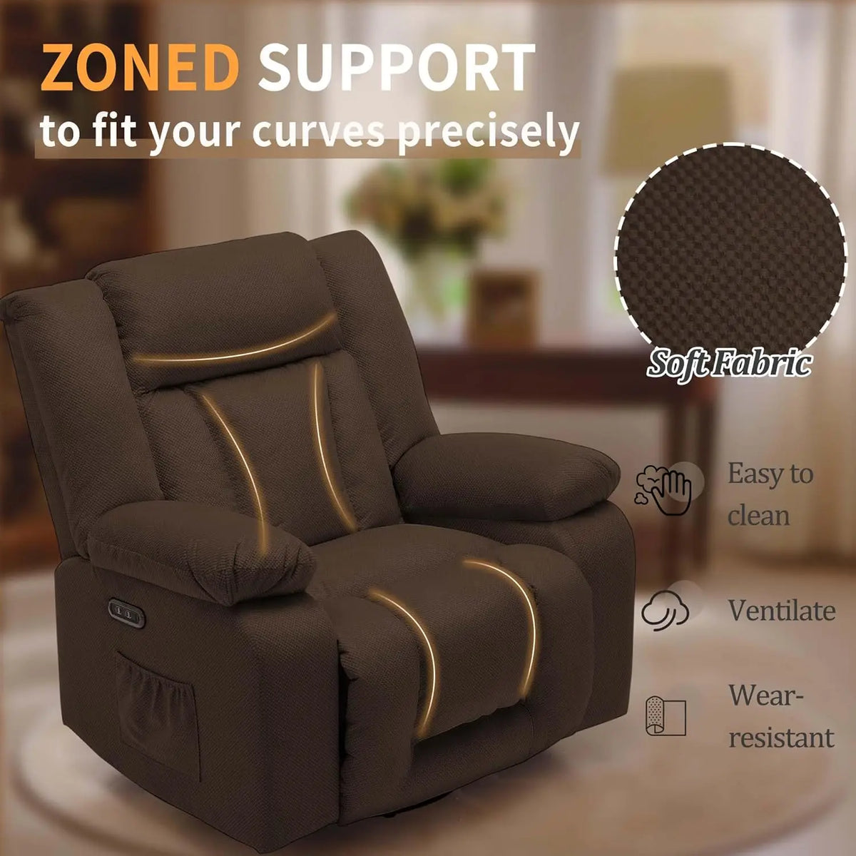 Electric Recliner Chair with Massage & Heating, Swivel Rocking Recliner for Living Room, Oversized Comfort with Side Pockets