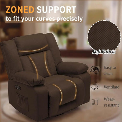 Electric Recliner Chair with Massage & Heating, Swivel Rocking Recliner for Living Room, Oversized Comfort with Side Pockets