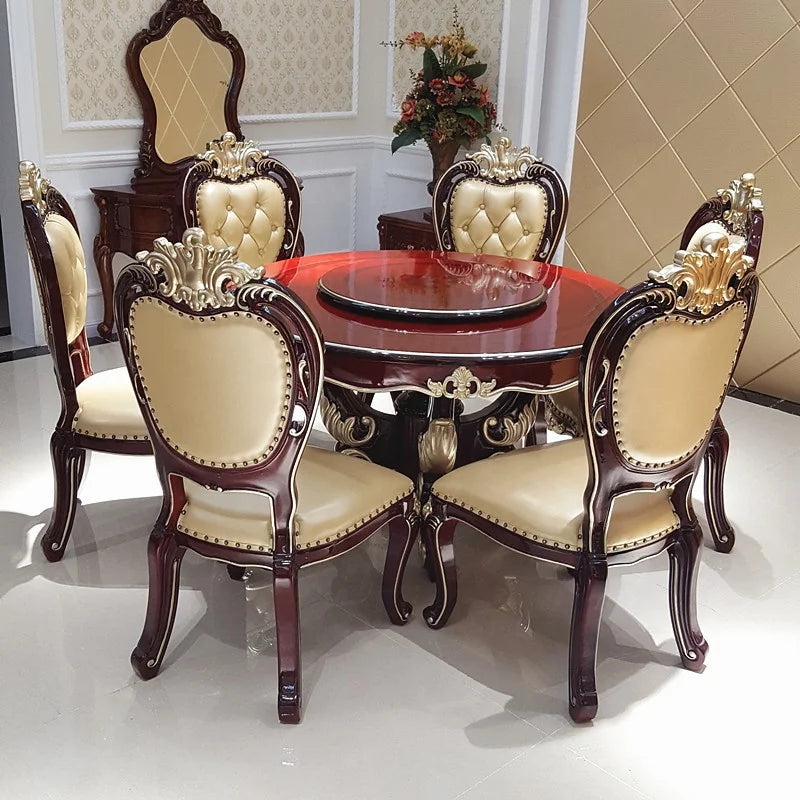 European Style Marble Dining Table Chair Set All Solid Wood Carved for 6-8 People for Restaurant Small Household Hotel