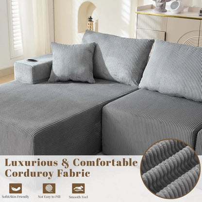 107-inch Cloud-Style Sofa, Modular Sofa with L-Shaped Chaise Longue, Corduroy Frameless Sofa, Living Room Upholstered Sofa