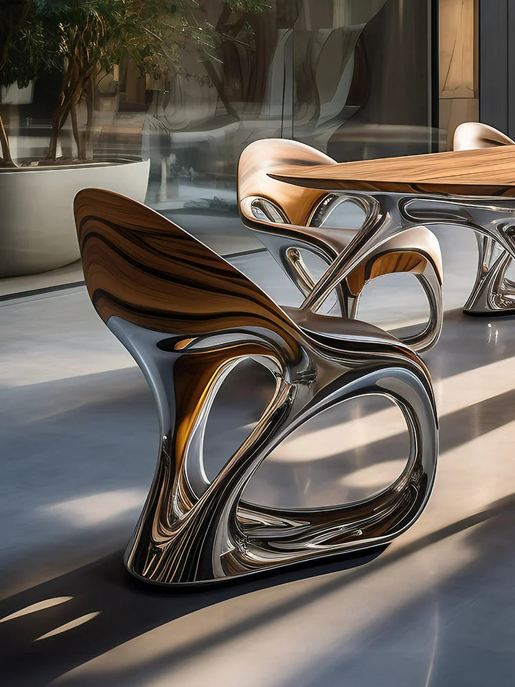 Steel and wood art light luxury dining tables and chairs, art luxury international pavilion furniture