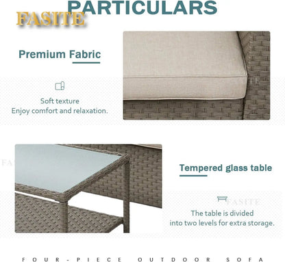 Outdoor Patio Furniture Conversation Set Rattan Wicker Chairs and Glass Top Table All-Weather and Thick Cushions