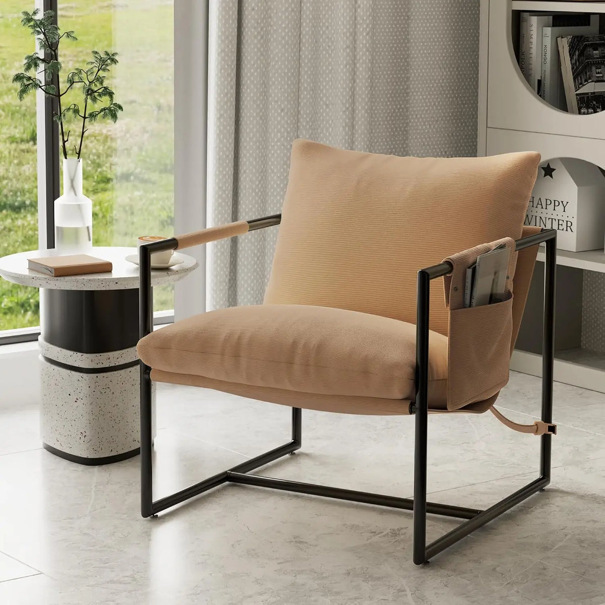 Sling Accent Chair For Living Room, Mid Modern Metal Frame Armchair For Reading Room, Bedroom Chair With Removable Storage Bag,