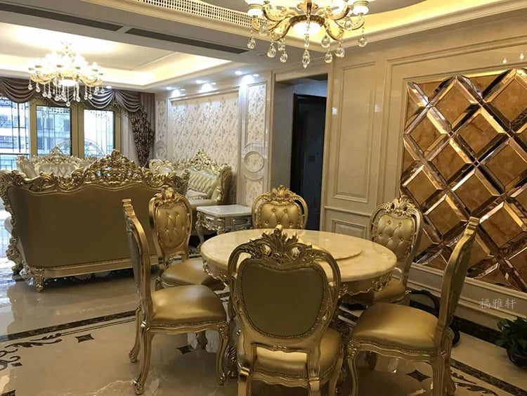 European white ice jade marble gold round dining table and chair combination European luxury solid wood dining table