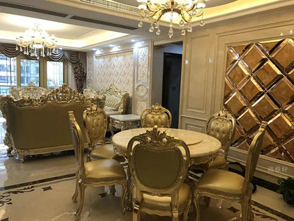 European white ice jade marble gold round dining table and chair combination European luxury solid wood dining table
