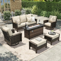 Rattan Outdoor Furniture Set, 6-piece Outdoor Deep-seated Leisure Set, Including Brazier Table and Footstool