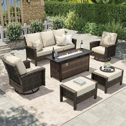 Rattan Outdoor Furniture Set, 6-piece Outdoor Deep-seated Leisure Set, Including Brazier Table and Footstool