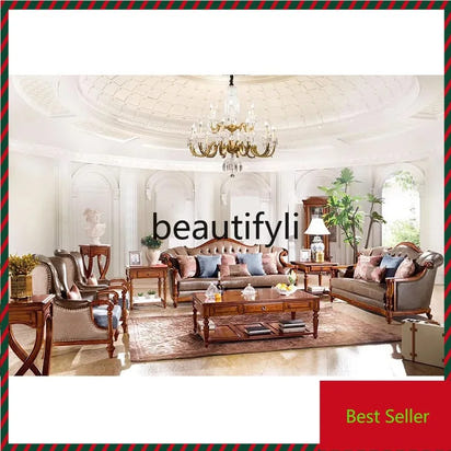 QQ132 American Style Genuine Leather Art Solid Wood Sofa Country  Light Luxury Retro European Style Combination Carved Solid Woo