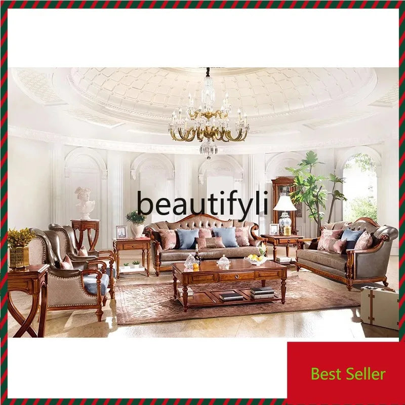 QQ132 American Style Genuine Leather Art Solid Wood Sofa Country  Light Luxury Retro European Style Combination Carved Solid Woo