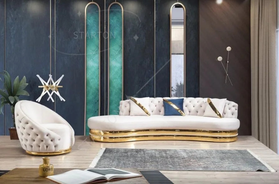 High Quality Luxury Living Room Gold Stainless Steel Sofa With Velvet Upholstered 2-3 Seat Couch for Home Living Room Hotel Use