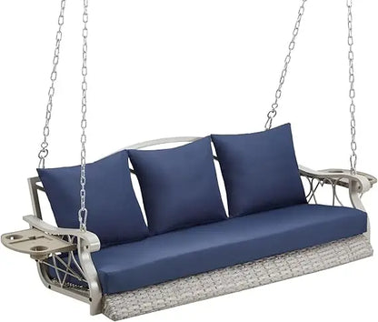 3-Person Heavy Duty Porch Swing Chair Outdoor Wicker Lounge with Cup Holder and Steel Chains, 900 LB Capacity