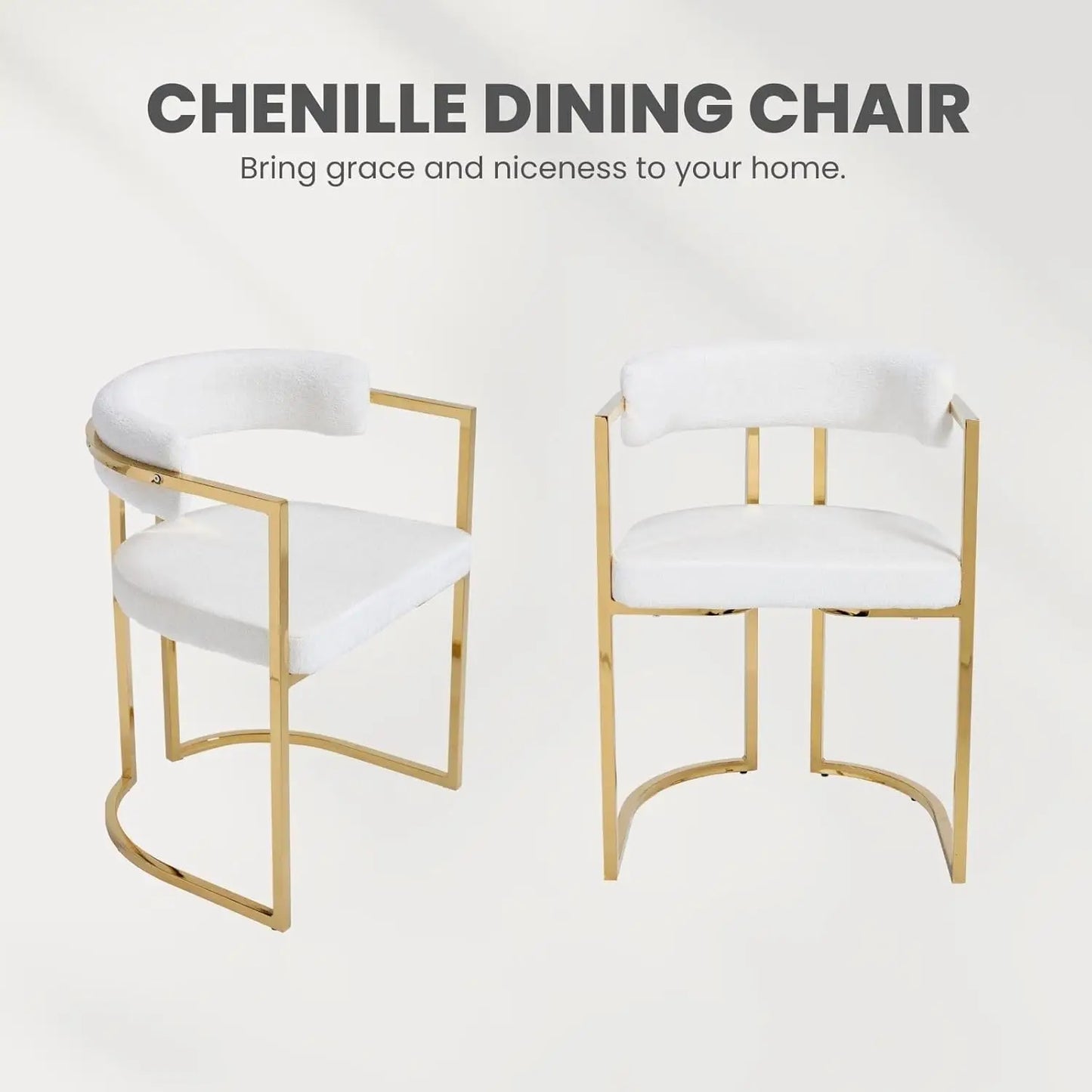 White Chenille Upholstered Dining Chairs Set of 4, Modern Dining Chair with Gold Legs, Kitchen Room Chairs Open Back Barrel Dini