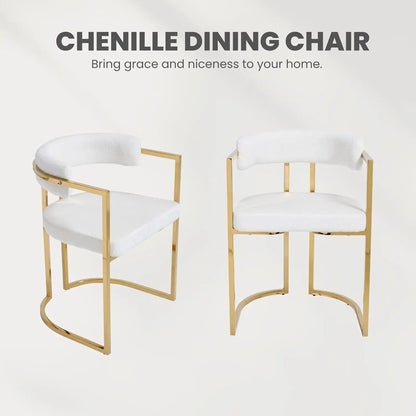 White Chenille Upholstered Dining Chairs Set of 4, Modern Dining Chair with Gold Legs, Kitchen Room Chairs Open Back Barrel Dini