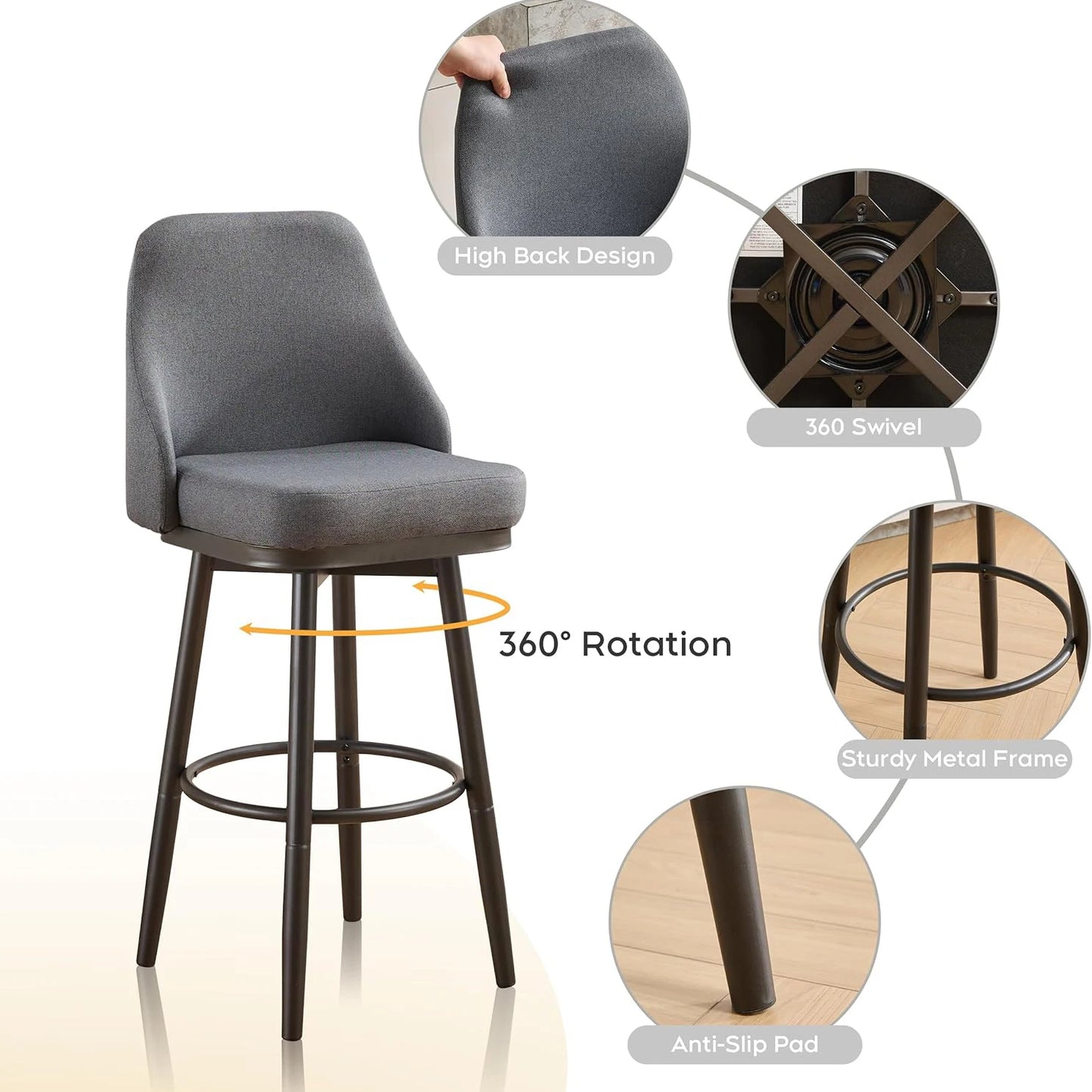 2PCS Chenille  Adjustable Height Swivel Bar Stools with Back, Modern Tall Barstools For Kitchen Island, Dining Room, Cafe