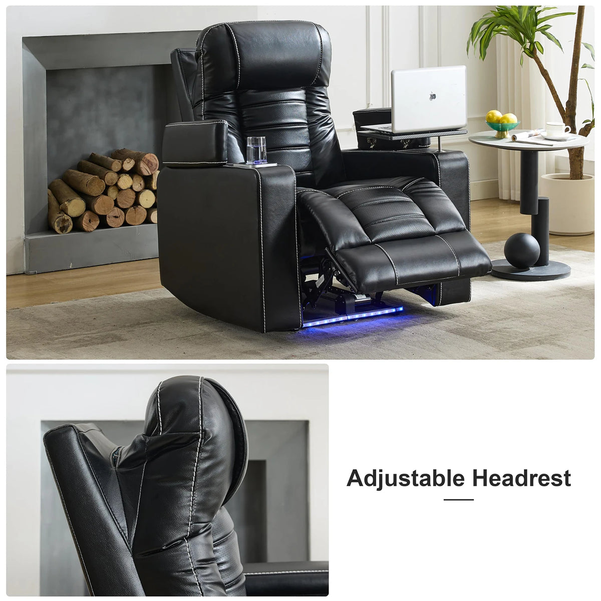 Power Recliner Chair with Adjustable Headrest, Wireless Charger, LED Light, Faux Leather Electric Recliner with Smart Cup Holder