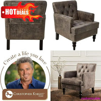 "medford brown upholstered club chair with fabric accents and nailhead trim"