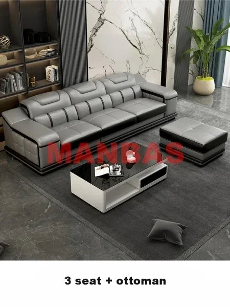 L-Shaped Modern Sectional Sofa Set with Chaise, Genuine Leather Reclining Couch with USB Charging Ports & Cup Holders, Couch Set