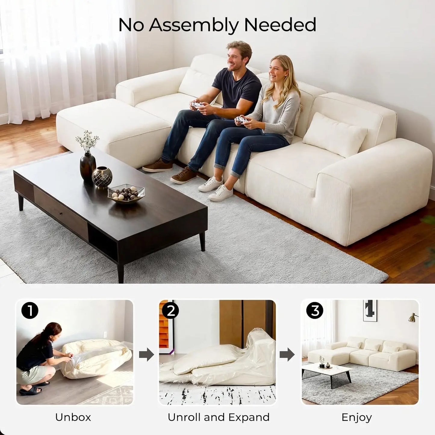 110" L Shaped Modular Cloud Couch Sectional – Boneless 3-Seater Sofa with Ottoman for Living Room Bedroom and, Customized