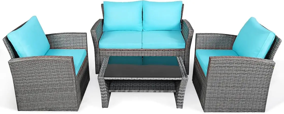4 Pieces Patio Rattan Furniture Set, Outdoor Wicker Sofa Set with Tempered Glass Coffee Table, Cushions, All Weather Rattan Con
