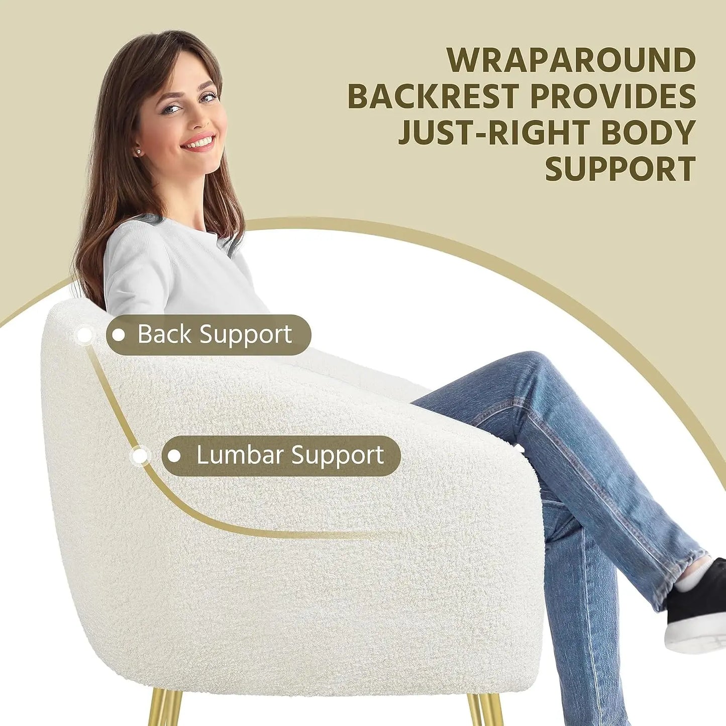 Sherpa Fabric Accent Chair, Modern Cozy Vanity Chair with Gold Metal Legs, Boucle Fabric Armchair with Removable, Customized