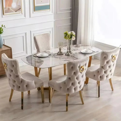 European Luxury Velvet Dining Chairs with Lion Knocker, Modern Button Tufted Design, Stainless Steel Legs  Set of 6