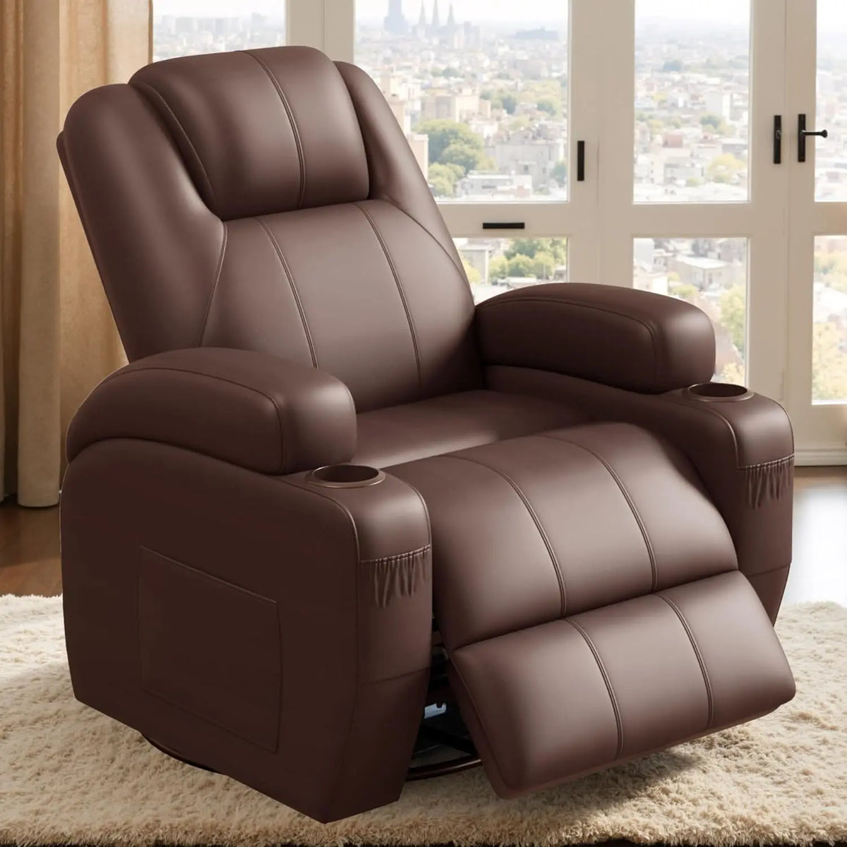 360° Swivel Recliner Chair with Vibration Massage, Ergonomic Lounge Rocker for Adults, Cup Holders & Side Pockets
