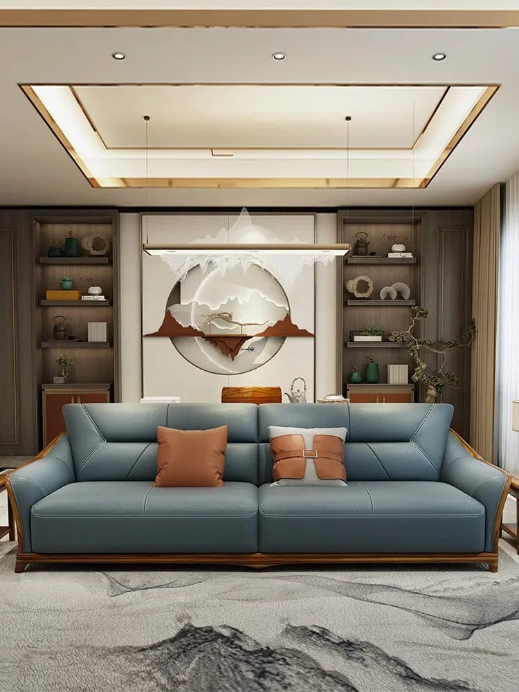 New Chinese ebony leather sofa combination all solid wood size apartment luxury living room light luxury villa furniture