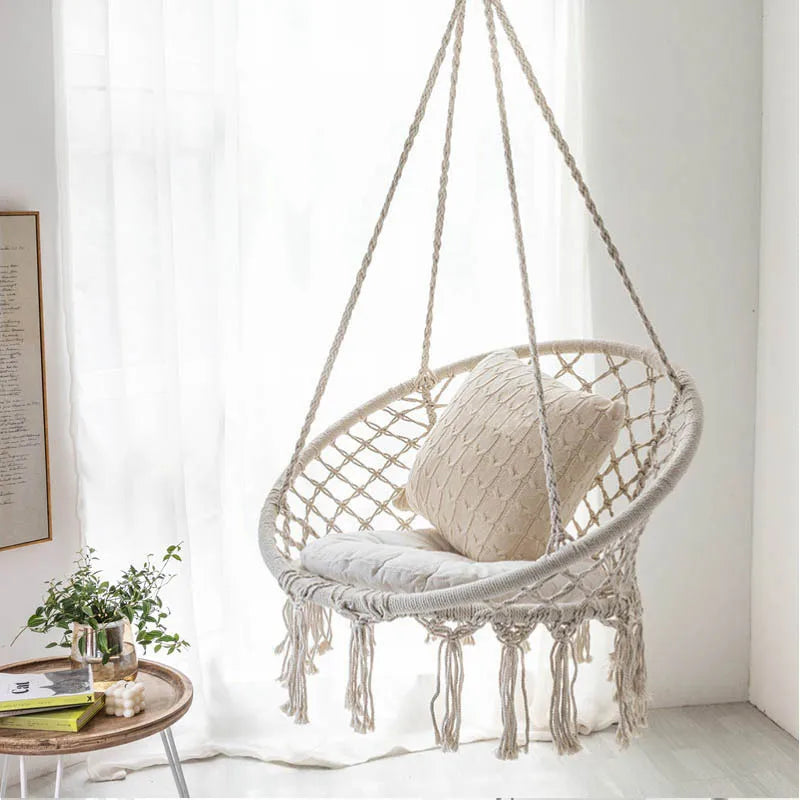 Hammock Hanging Swinging Chair,Hanging Cotton Rope Swing Chairs with Cushion and Hardware Kits, Hanging Chairs for Indoor