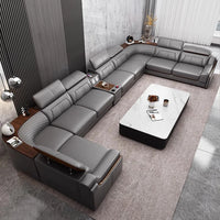Modern U-Shaped Sectional Sofa Set with Chaise Lounge, Genuine Leather Couch with Storage Table, USB – Big Living Room Furniture