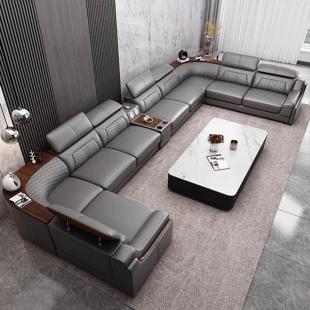 Modern U-Shaped Sectional Sofa Set with Chaise Lounge, Genuine Leather Couch with Storage Table, USB – Big Living Room Furniture