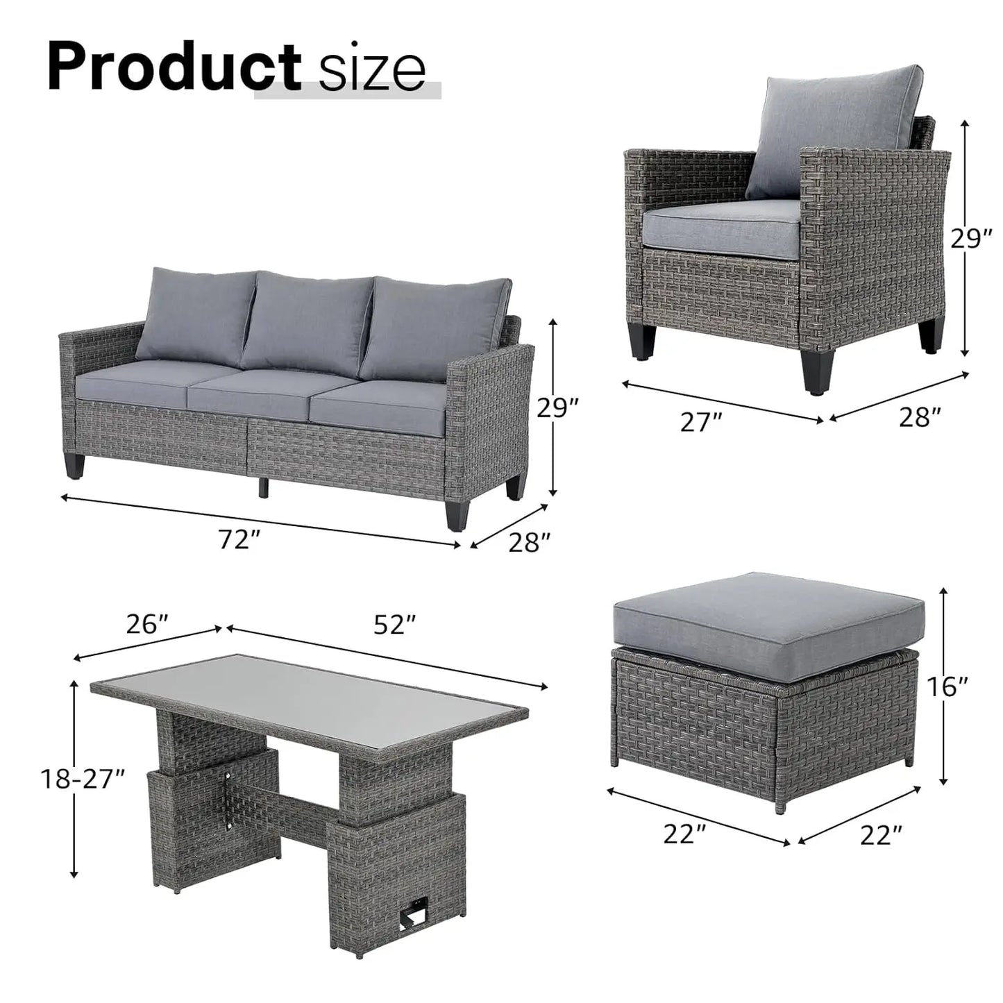 6pcs Grey PE Rattan Outdoor Sectional Sofa Set Lift Table Dining Ottoman Weatherproof Garden Backyard Poolside Customized