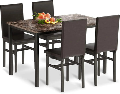 4-piece Dining Table and Chair Set, 5-piece Modern Dining Room Dining Table Set with Faux Marble Top and PU Leather Chairs