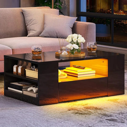 Contemporary LED Coffee Table with High Gloss Finish, Storage Drawers and Open Shelves for Living Room in Black Medium Size