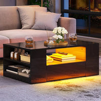 Contemporary LED Coffee Table with High Gloss Finish, Storage Drawers and Open Shelves for Living Room in Black Medium Size