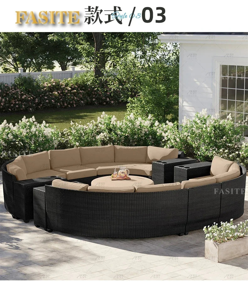 Sofa, courtyard, garden, leisure, outdoor living room, semi circular curved rattan chair, terrace, outdoor furniture combination